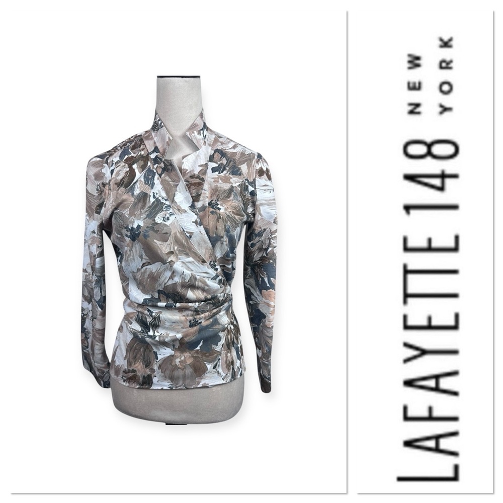 Lafayette 148 wrap top with brown print size 4